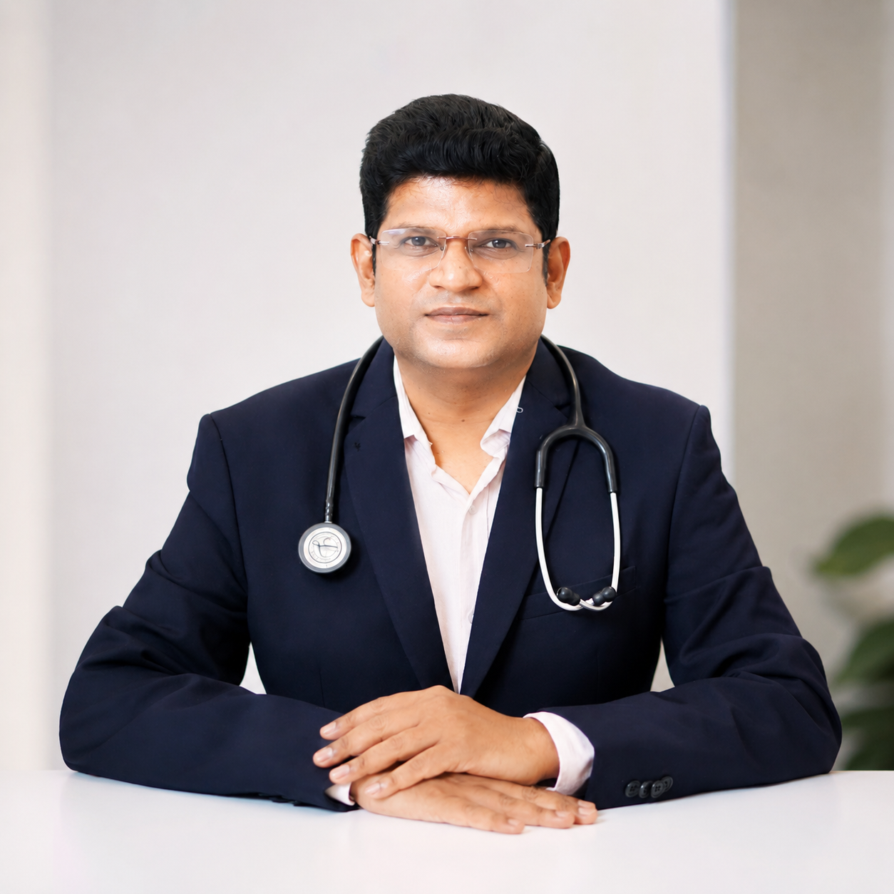 Dr. Prashant More, heart surgeon, in a navy blazer with stethoscope