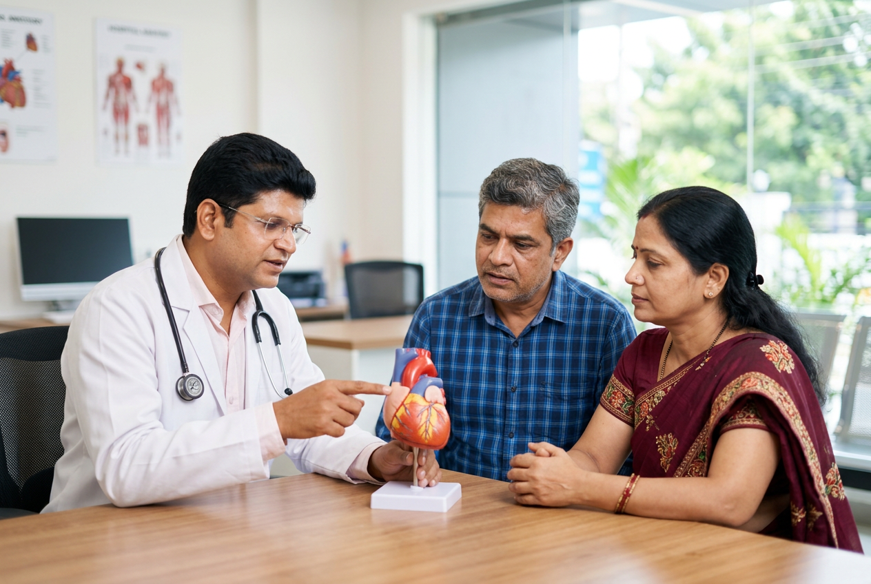 Dr. PM explaining heart health to a patient couple